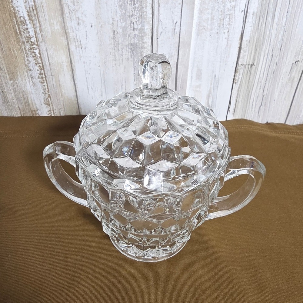 Vintage Fostoria American Clear Glass Creamer and Sugar Bowl Set Diamond Point - Picture 5 of 11